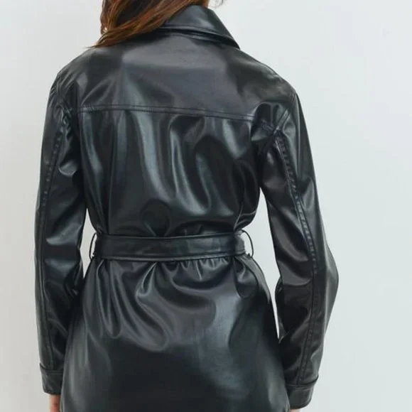 Sale! Black Faux Leather Belted Jacket Top - Picture 6 of 7